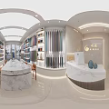 Modern Specialty Store Interior With Colorful Product Shelves Central Marble Table And Green Plant