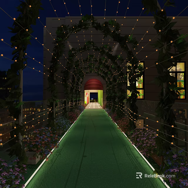 Enchanting Tea House Entrance With Vine Archway String Lights And Green Pathway At Night 3d model 