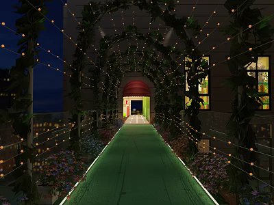 Enchanting Tea House Entrance With Vine Archway String Lights And Green Pathway At Night 3d model