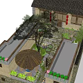 Traditional Chinese Homestay Building with Courtyard Garden Stone Walls Red Doors and Green Plants