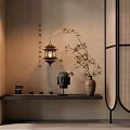 Traditional Chinese Decorative Ornament Set with Lantern Bamboo Branches Vase Head Sculpture and Tea Cups
