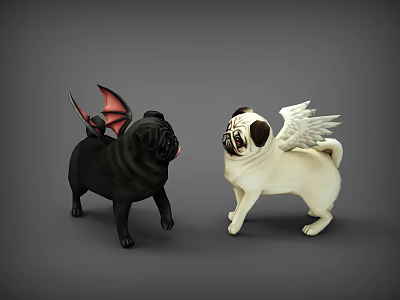 Two Reptile Figurines With Bat And Angel Wings Against Gray Background 3d model