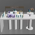 Modern White Cosmetics Display Shelf with Various Beauty Products and Brand Signage