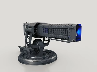 Futuristic Black Machine Gun With Blue Glowing Barrel And Circular Base 3d model