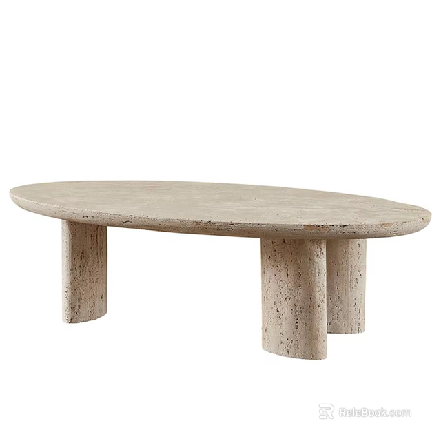 Oval Light Beige Stone Coffee Table With Three Cylindrical Legs Design 3d model 
