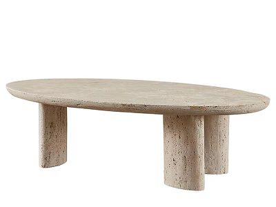 Oval Light Beige Stone Coffee Table With Three Cylindrical Legs Design 3d model