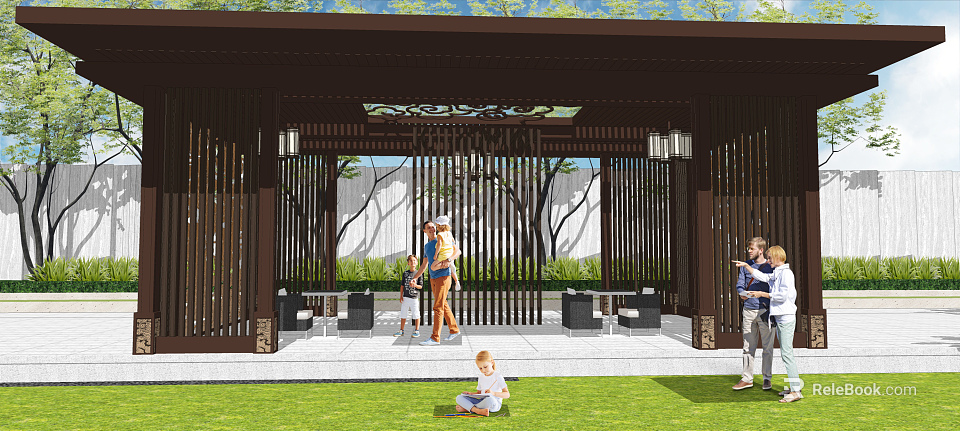 Outdoor Wooden Pergola With Lanterns Greenery And Family Seating On Lawn 3d model 