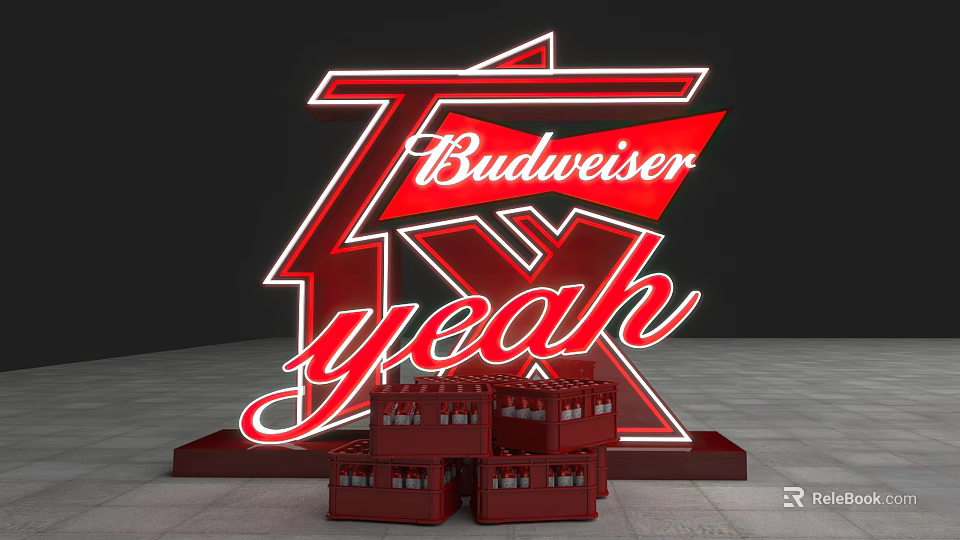 Budweiser Yeah Red Neon Sign Display With Stacked Crates In Front 3d model 