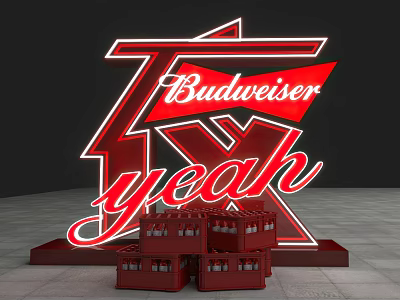 Budweiser Yeah Red Neon Sign Display With Stacked Crates In Front 3d model