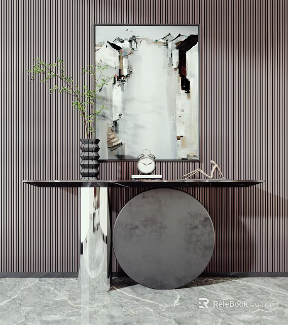 Modern Console Table with Mirror Vase Plant Alarm Clock and Striped Wall 3d model 