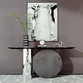 Modern Console Table with Mirror Vase Plant Alarm Clock and Striped Wall