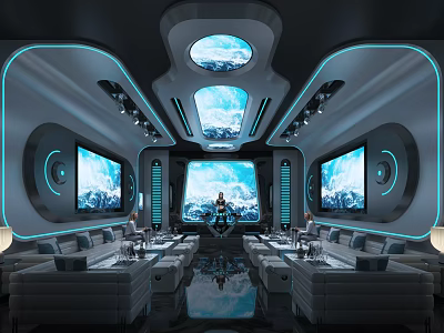 Futuristic KTV Interior With Large Screens Blue Lighting And Comfortable Sofa Seats 3d model