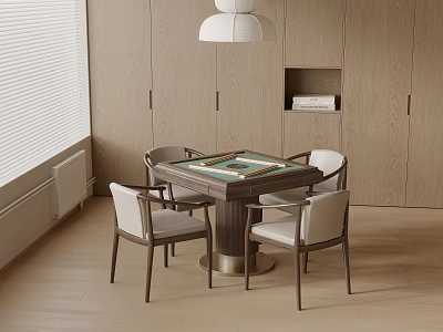 Modern Room Interior With Wooden Cabinet Table Chairs Pendant Lamp And Blinds 3d model