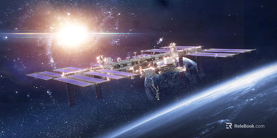 Cartoon Scene of International Space Station in Space with Sun Earth and Starry Sky 3d model 