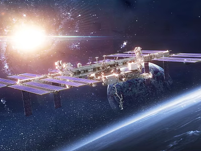 Cartoon Scene of International Space Station in Space with Sun Earth and Starry Sky 3d model
