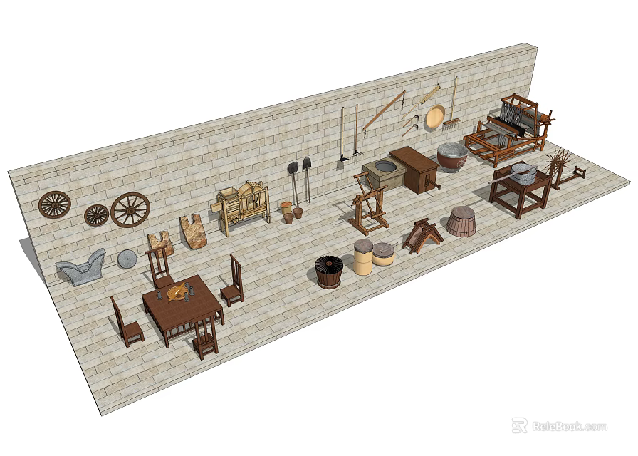 Charming Garden Ornaments With Various Tools Decorative Items And Wooden Elements 3d model