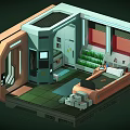 Cartoon Sci fi Room Interior Design With Curved Structures And Green Sofa 3d model