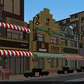 Vibrant Commercial Street With Colorful Buildings Striped Awnings Store Signs Street Lamps And Flower Boxes