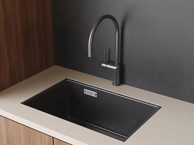 Black Kitchen Sink With Silver Faucet On Light Colored Countertop And Wooden Cabinets 3d model