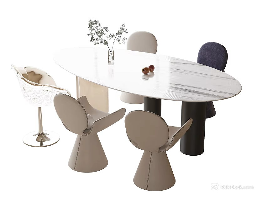 Modern Oval Shaped Marble Tabletop Dining Set With Different Colored Chairs And Decorative Vase 3d model 