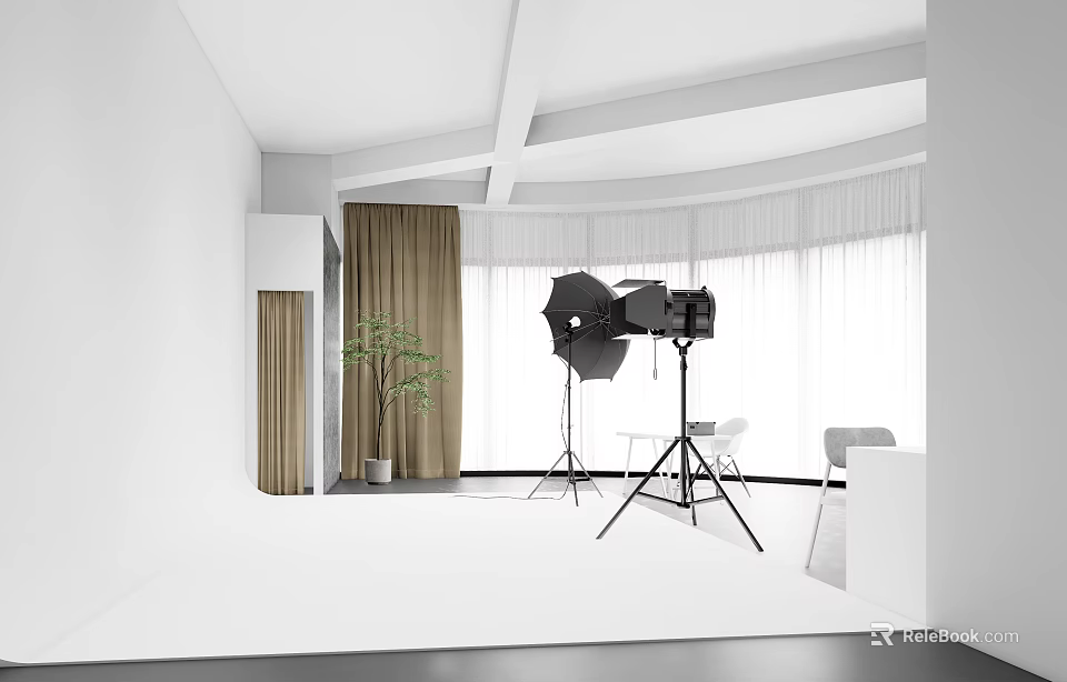 Modern Photography Studio Interior With Softbox Lights Tripod Green Plant And Curtains 3d model 