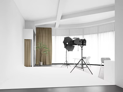 Modern Photography Studio Interior With Softbox Lights Tripod Green Plant And Curtains 3d model