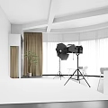 Modern Photography Studio Interior With Softbox Lights Tripod Green Plant And Curtains