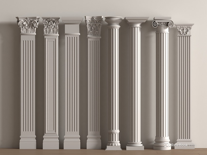 White Columns of Various Styles With Carved Capitals Arranged Against a Wall 3d model 
