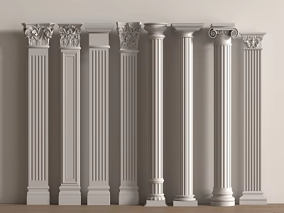 White Columns of Various Styles With Carved Capitals Arranged Against a Wall 3d model