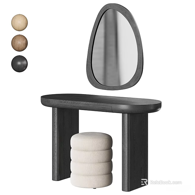 Minimalist Modern Black Dressing Table With Oval Mirror And Upholstered Stool Decorative Balls 3d model