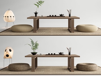 Japanese-style Tatami Tea Table and Chair Combination Tea Table Futon Cushion Floor Lamp Tea Set model