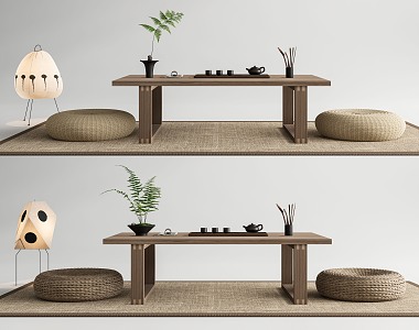 Japanese-style Tatami Tea Table and Chair Combination Tea Table Futon Cushion Floor Lamp Tea Set 3d model