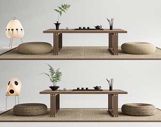 Japanese-style Tatami Tea Table and Chair Combination Tea Table Futon Cushion Floor Lamp Tea Set 3d model