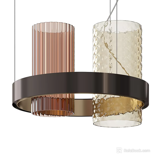 Modern Chandelier with Two Cylindrical Glass Shades Copper Striped and Transparent Textured Black Circular Frame 3d model 
