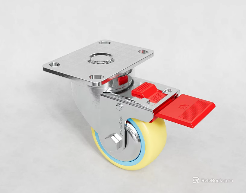 Industrial Caster With Yellow Wheel Red Brake And Metal Mounting Plate 3d model 
