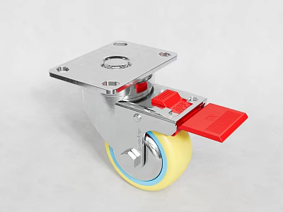 Industrial Caster With Yellow Wheel Red Brake And Metal Mounting Plate 3d model