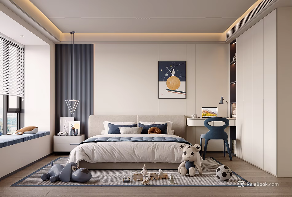 Modern Cozy Kids Bedroom Interior With Bed Desk Chair Stuffed Toys And Wall Art 3d model 