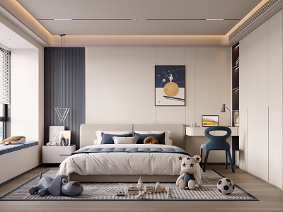 Modern Cozy Kids Bedroom Interior With Bed Desk Chair Stuffed Toys And Wall Art 3d model