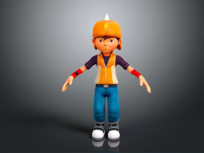 Boy Character With Orange Hat Lightning Symbol Purple Vest Blue Pants Red Wristbands White Shoes 3d model