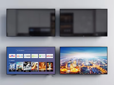 Modern Smart TVs Displaying Streaming Apps and City Night View Screens 3d model