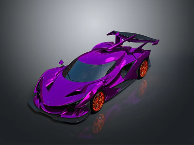 Shiny Purple Sports Car Featuring Metallic Finish Orange Wheels And Large Rear Spoiler 3d model