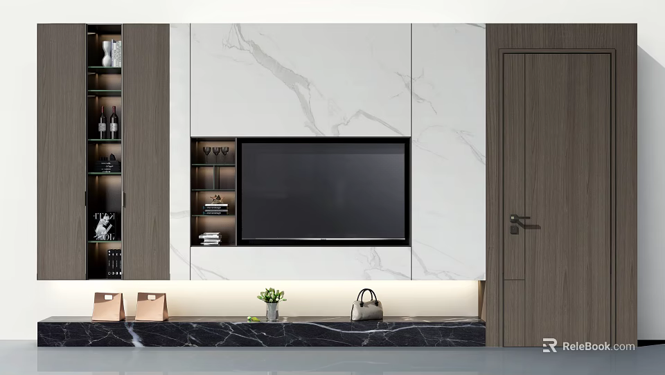 Modern TV Wall Design With Marble Panel And Storage Cabinets 3d model