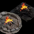 Outdoor Stone Enclosed Circular Fire Pit with Burning Flames Wood Logs and Ash on Grass