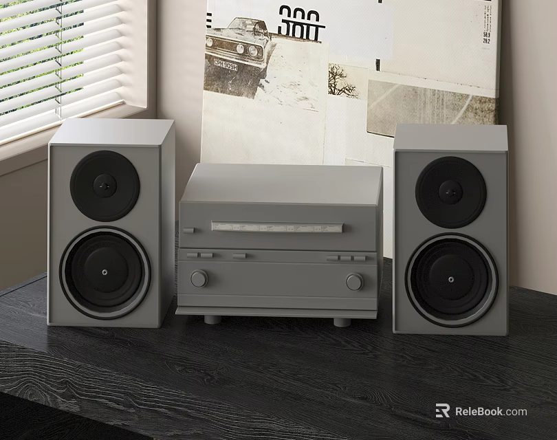 Modern Grey Home Stereo System With Speakers And Amplifier On Black Table 3d model 