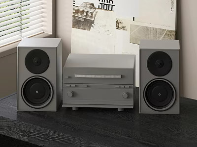 Modern Grey Home Stereo System With Speakers And Amplifier On Black Table 3d model