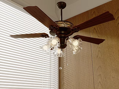 Ceiling Fan Light with Wooden Blades Crystal Accents and Window Blinds Wooden Wall Design 3d model