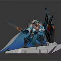 Mythical Creature Armored Warrior Character With Flaming Sword Gun And Cape On Stone Platform