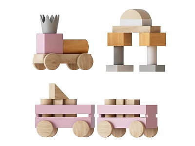 Pink And Gray Wooden Building Blocks With Crown Train Arch Structures For Kids Play 3d model