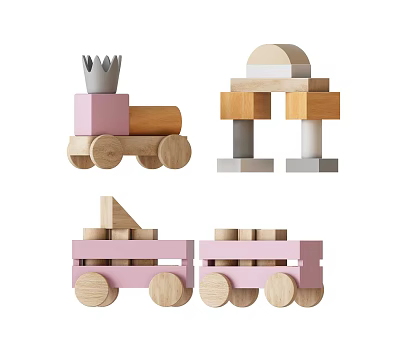 Pink And Gray Wooden Building Blocks With Crown Train Arch Structures For Kids Play 3d model