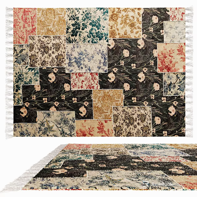Square Patchwork Rug With Vintage Floral Prints And Fringed Edges 3d model